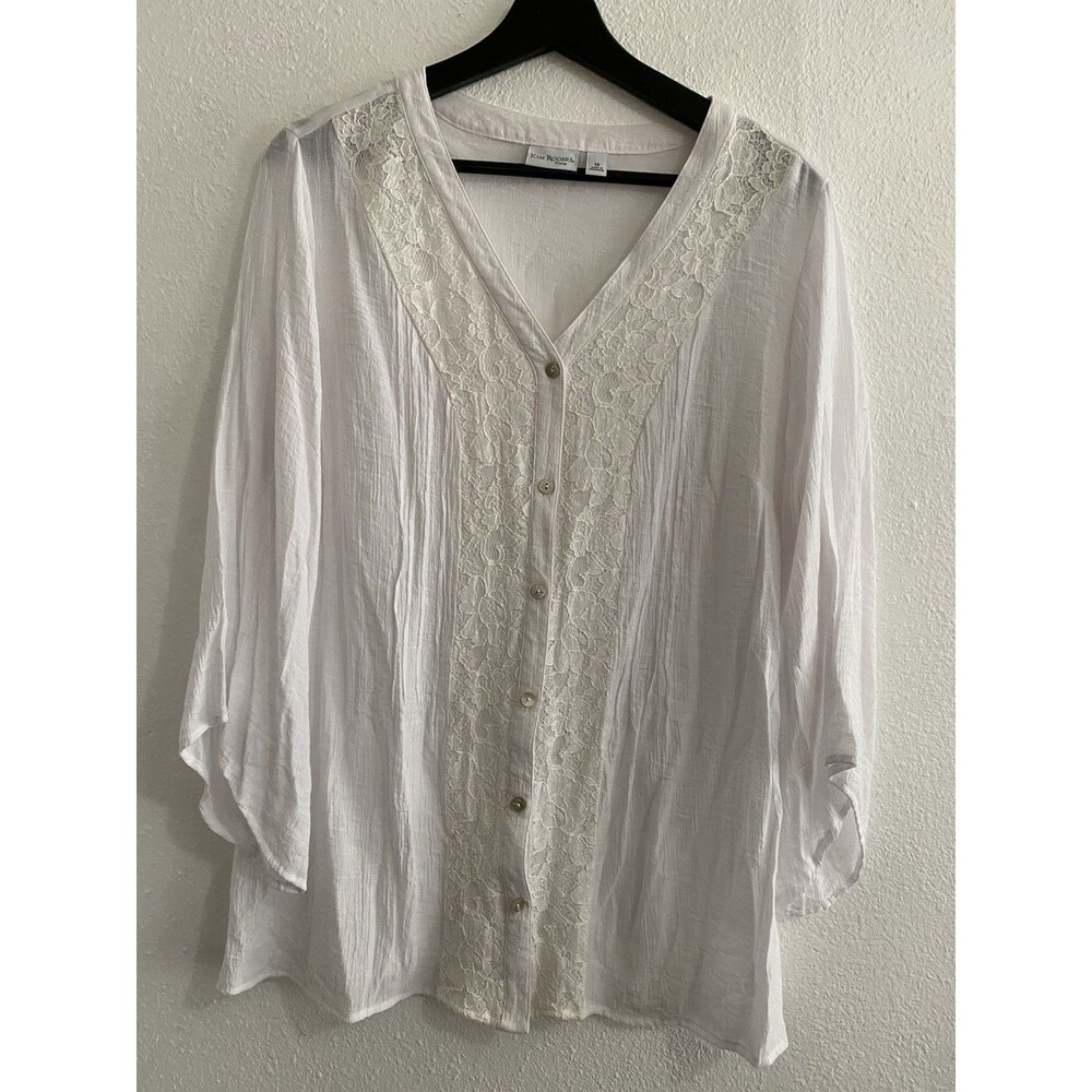 Kim Rogers 1X White Lightweight Boho Blouse Semi Sheer J17